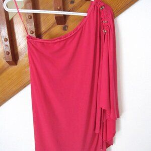 Cache' Pink One Shoulder Rhinestone Bead Cinched After Five Dress Medium